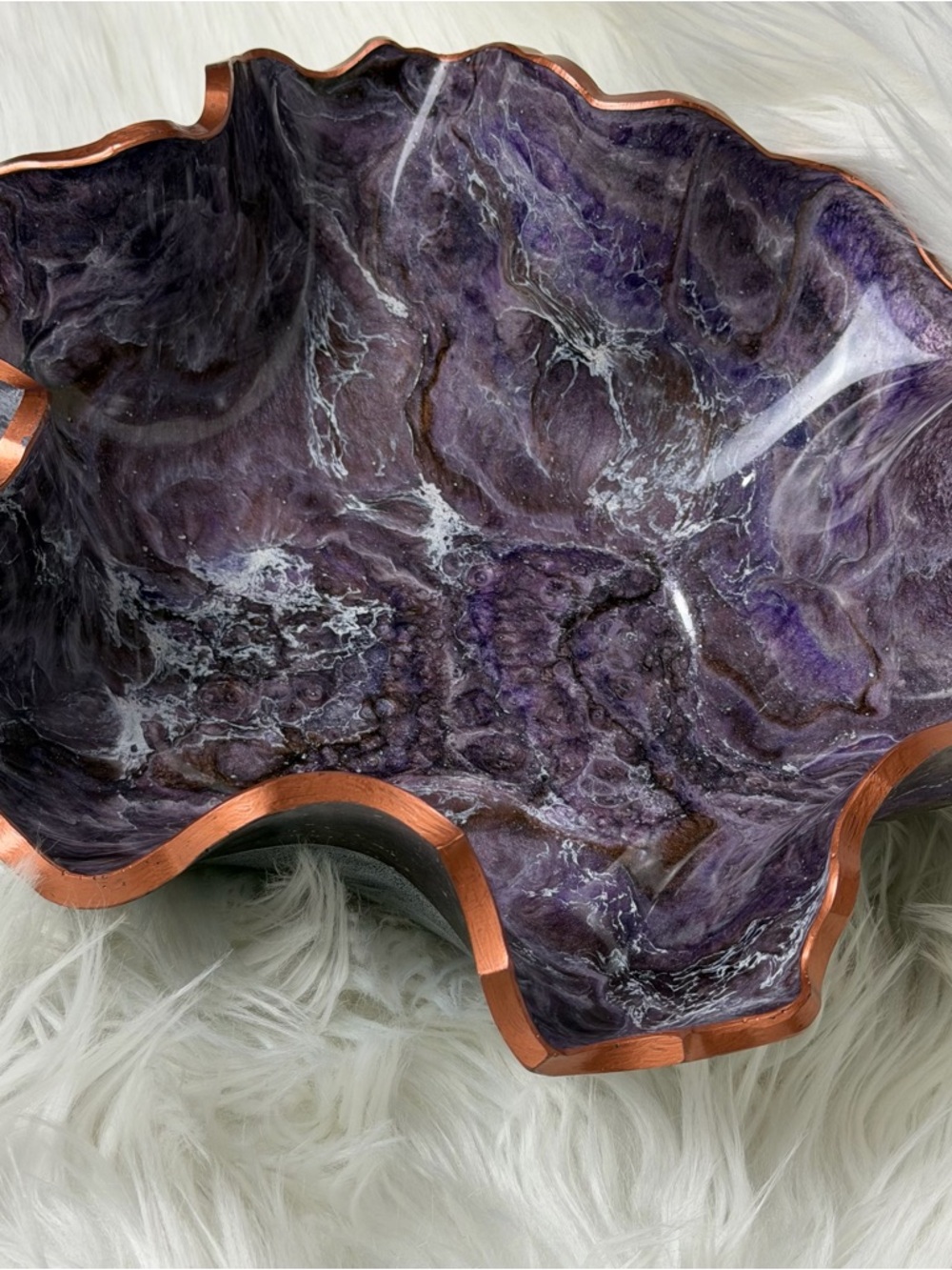 Handmade Purple Resin Decorative Bowl with Copper Trim